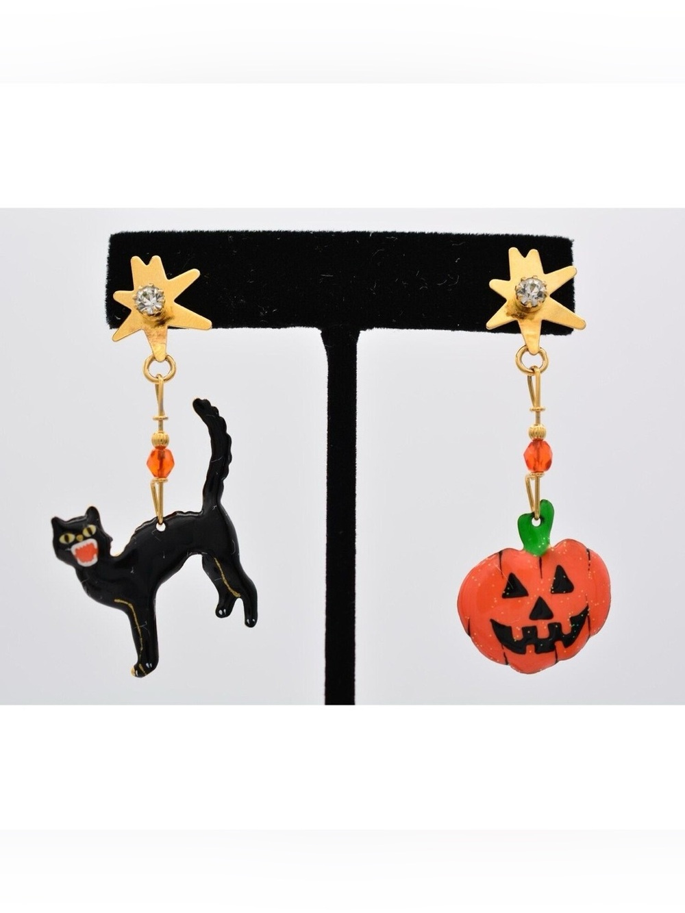 Lunch At The Ritz Vintage Halloween Earrings Black Cat and Glitter Pumpkin